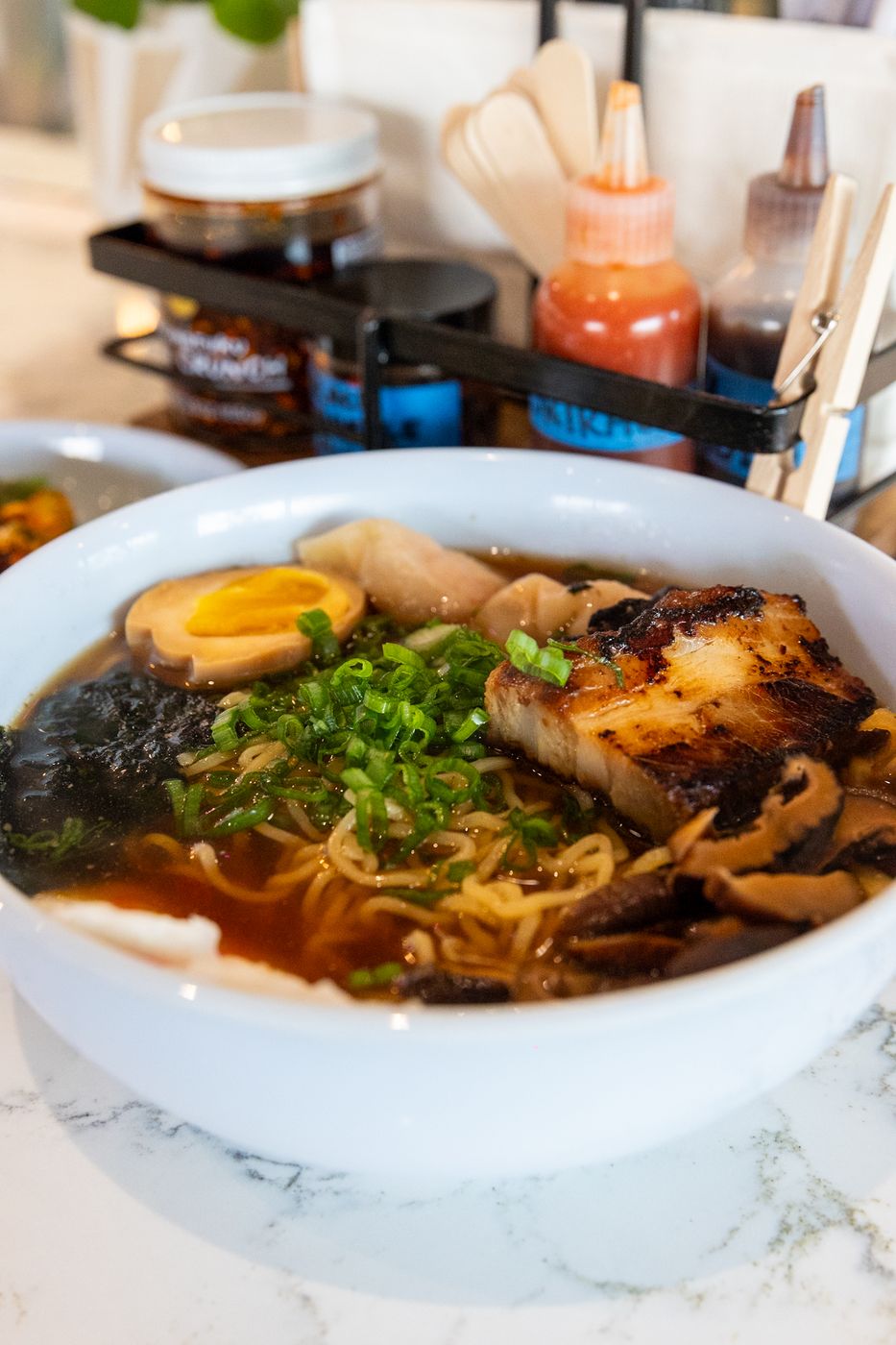 Pork ramen with pork belly, ramen egg, shiitake and nori